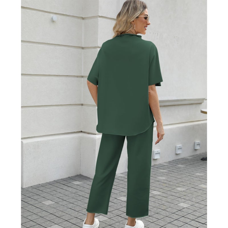SeeLuNa Women's Two Piece Outfits 3/4 Batwing Sleeve Capelet Crew Neck Pullover Top Wide Leg Pants Lounge Set(Dark Green,M) - Image 2