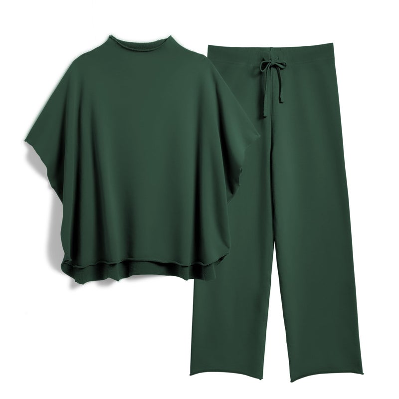 SeeLuNa Women's Two Piece Outfits 3/4 Batwing Sleeve Capelet Crew Neck Pullover Top Wide Leg Pants Lounge Set(Dark Green,M) - Image 1