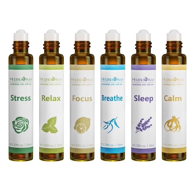HERBROMAS Aromatherapy Essential Oils Roll On Set Natural Prediluted Blend Oils for Skin Use Relaxation Gift for Women Men Pack 6 x10ml