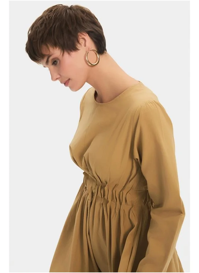 جون June Women 100% Cotton Crew Neck Elastic Waist Ruffle Mini Dress Taba