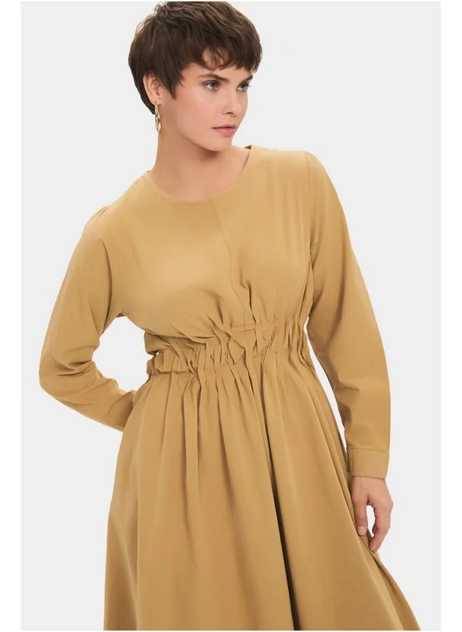 جون June Women 100% Cotton Crew Neck Elastic Waist Ruffle Mini Dress Taba