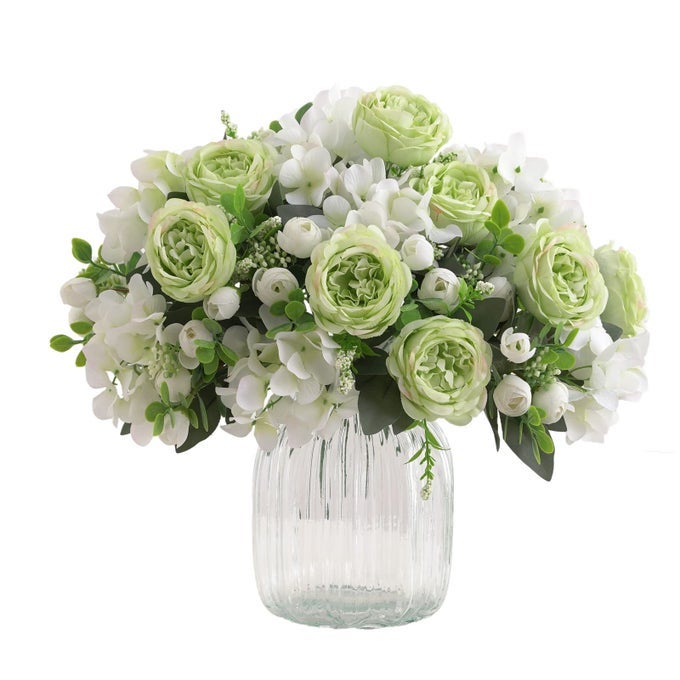 4 BUNCHES GREEN PEONY ARTIFICIAL FLOWERS FOR DECORATION FAUX ROSE FAKE BOUQUET SILK ARRANGEMENTS TABLE CENTERPIECE FOR VASE CAKE TOPPER BRIDAL BABY SHOWER