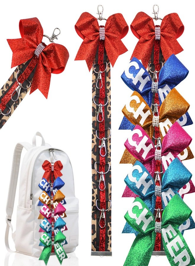 Blinket Red Cheer Bow Keychain Holder for Backpack - Leopard Print Glitter Bow Hanging Chain with Hooks - Cheer Bow Organizer Strap Cheer Gifts Bow Holder Teen s Cheerleading Team Sports Gift - Image 1