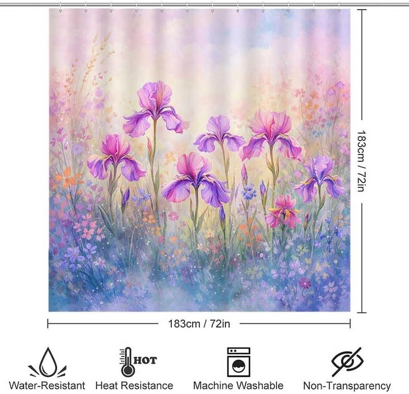 Iris Flowers Bloom in a Colorful meadowShower Curtain for Bathroom Waterproof Tan Shower Curtain with Hooks 71 inch x 71 inch - Image 3