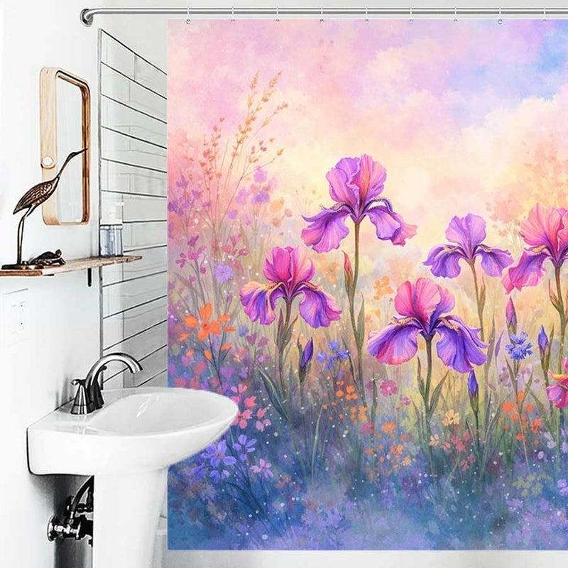 Iris Flowers Bloom in a Colorful meadowShower Curtain for Bathroom Waterproof Tan Shower Curtain with Hooks 71 inch x 71 inch - Image 4