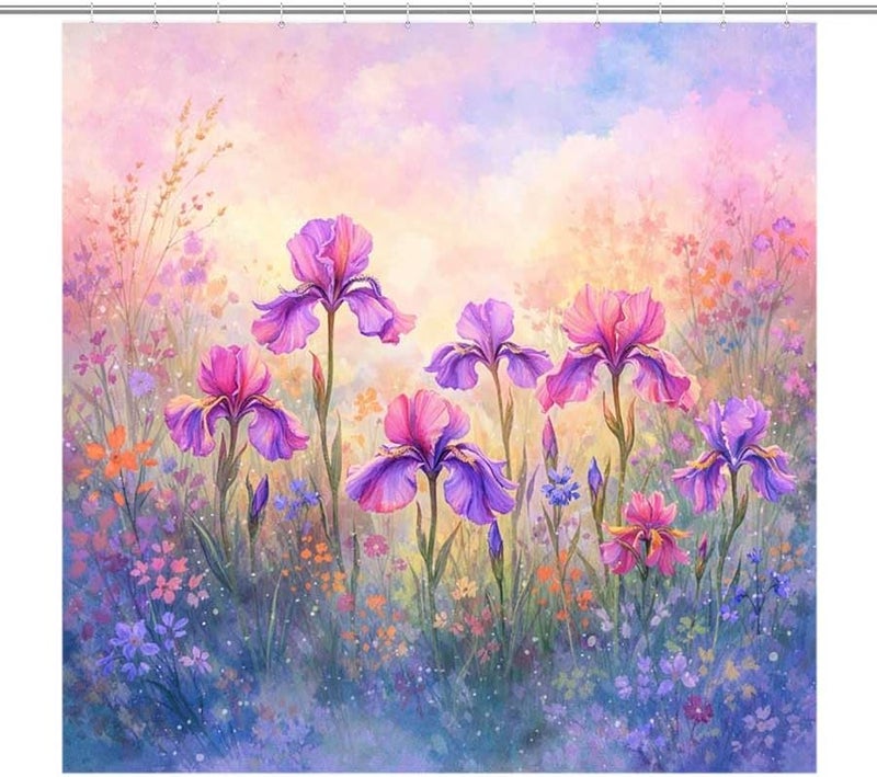 Iris Flowers Bloom in a Colorful meadowShower Curtain for Bathroom Waterproof Tan Shower Curtain with Hooks 71 inch x 71 inch - Image 1