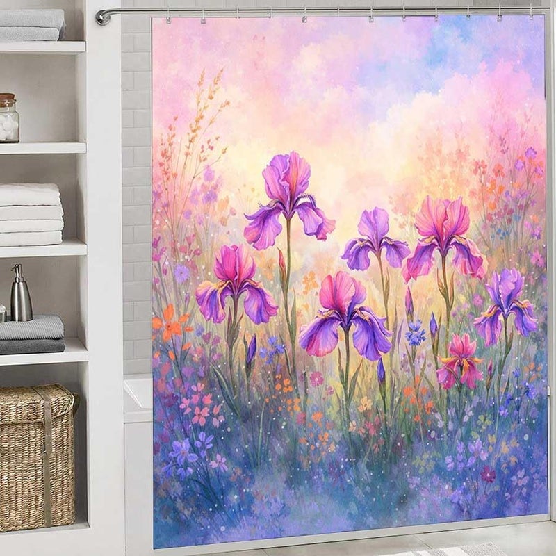 Iris Flowers Bloom in a Colorful meadowShower Curtain for Bathroom Waterproof Tan Shower Curtain with Hooks 71 inch x 71 inch - Image 2