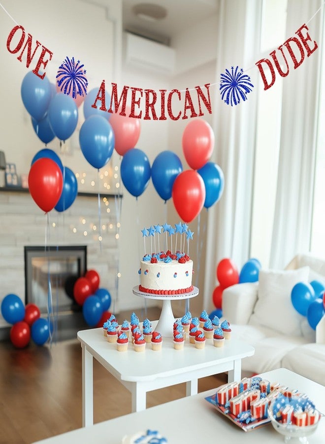 Yotawebery One American Dude Banner, Patriotic Theme First Birthday Decorations, 4th of July Independence Day Memorial Day Party Decorations, Red and Blue Glitter - Image 2