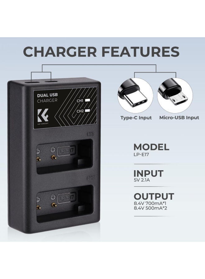 K&F Concept LP-E17 Camera Charger, Dual Slot Quick Charger for Canon EOS RP, Rebel T8i, T7i, T6i, T6s, SL2, SL3, EOS M3, M5, M6 Mark II, 77D, 200D, 750D, 760D, 800D, 8000D Camera (KF28.0008) - Image 5