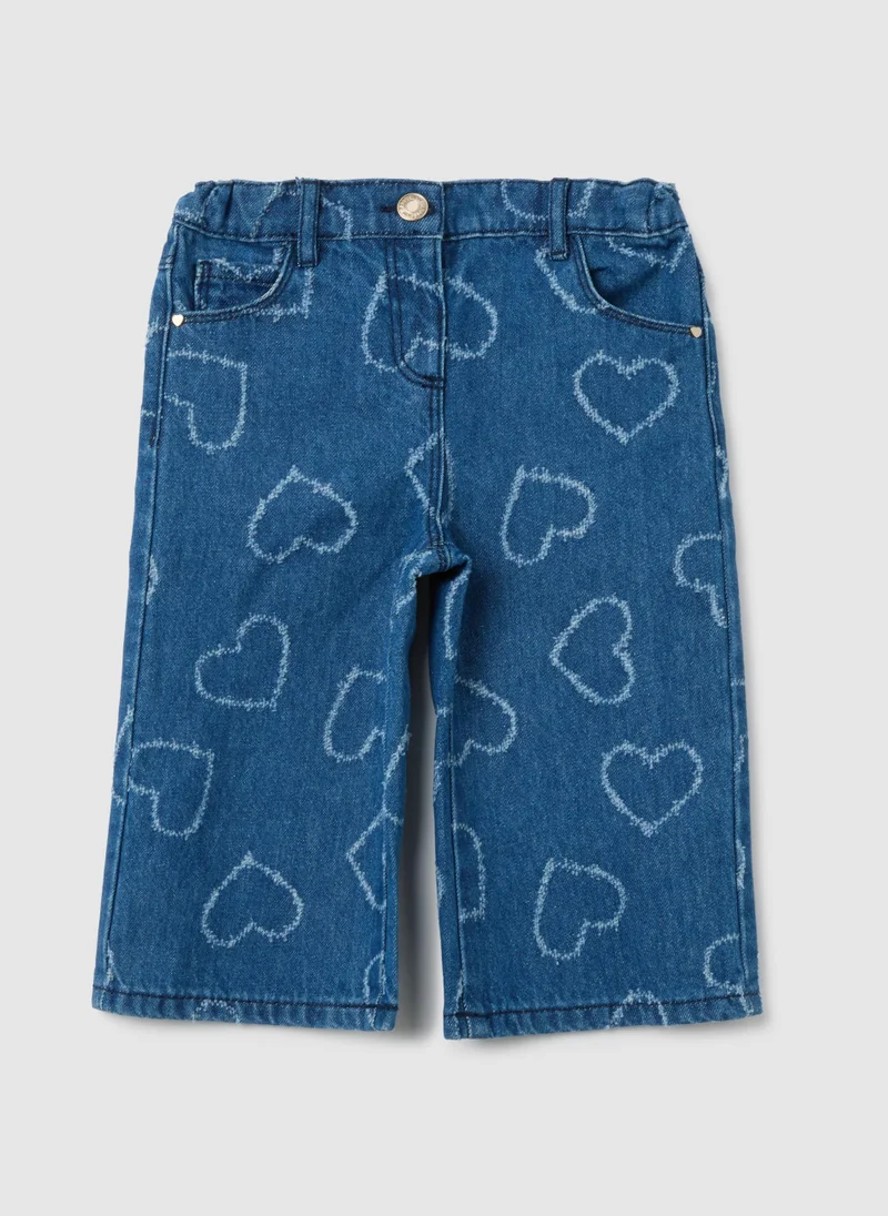 او في اس GIRLS' PURE COTTON BLUE WIDE LEG JEANS WITH HEARTS