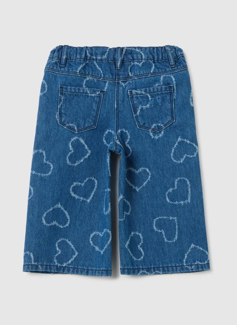 او في اس GIRLS' PURE COTTON BLUE WIDE LEG JEANS WITH HEARTS