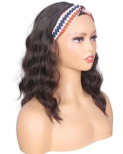 SYMEIW Shoulder Length Medium Brown Wavy Headband Wig For Black Women Curly Half Wigs With Headband Attached For Daily Use (Brown) - Image 5