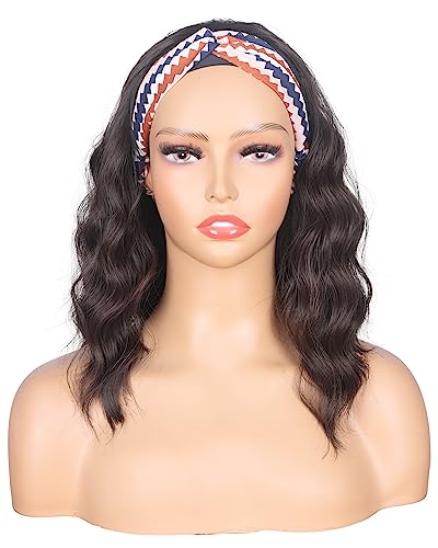 SYMEIW Shoulder Length Medium Brown Wavy Headband Wig For Black Women Curly Half Wigs With Headband Attached For Daily Use (Brown) - Image 2