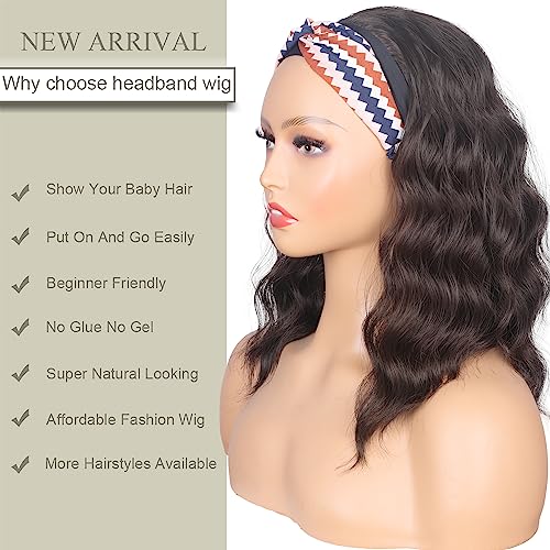 SYMEIW Shoulder Length Medium Brown Wavy Headband Wig For Black Women Curly Half Wigs With Headband Attached For Daily Use (Brown) - Image 3