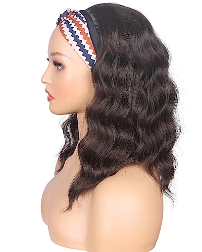 SYMEIW Shoulder Length Medium Brown Wavy Headband Wig For Black Women Curly Half Wigs With Headband Attached For Daily Use (Brown) - Image 4