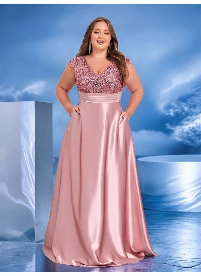 Madam Uniq Plus Size Pink Sequin V-Neck High Waist Short Sleeve Evening Dress  - Image 1
