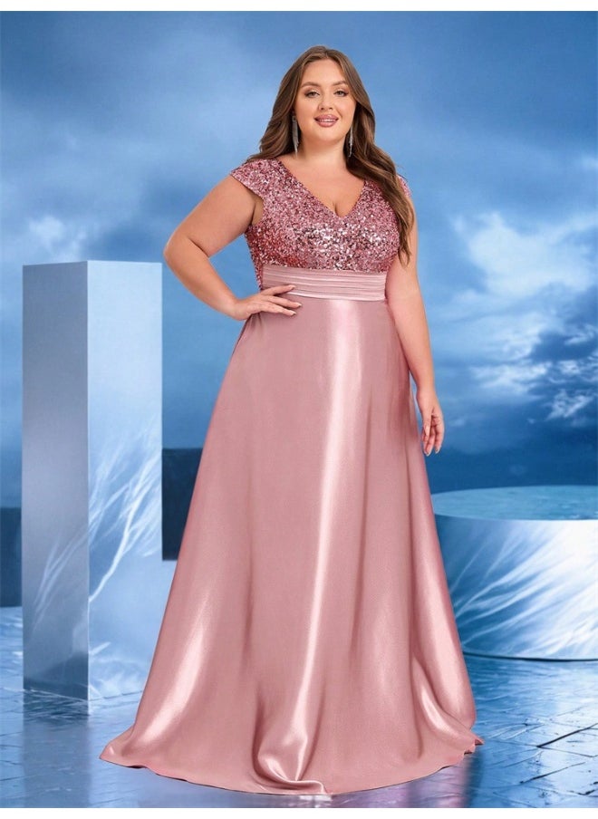 Madam Uniq Plus Size Pink Sequin V-Neck High Waist Short Sleeve Evening Dress  - Image 4
