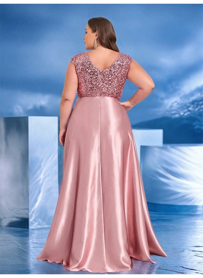 Madam Uniq Plus Size Pink Sequin V-Neck High Waist Short Sleeve Evening Dress  - Image 2