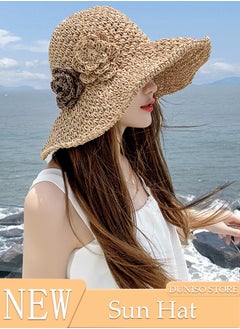 Women's Foldable Sun Straw Hat With Flowers Summer Wide Brim Roll Up Beach Cap Summer Solid Travel Beach Cap UV Protection UPF50+ for Vacation Outdoor Activities