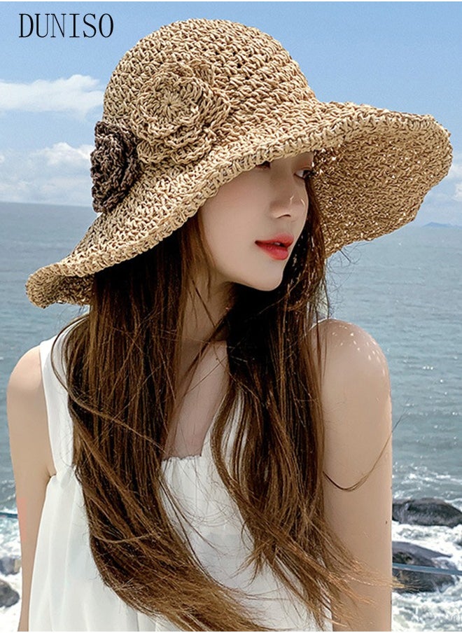 DUNISO - Women's Foldable Sun Straw Hat With Flowers Summer Wide Brim Roll Up Beach Cap Summer Solid Travel Beach Cap UV Protection UPF50+ for Vacation Outdoor Activities - Image 1