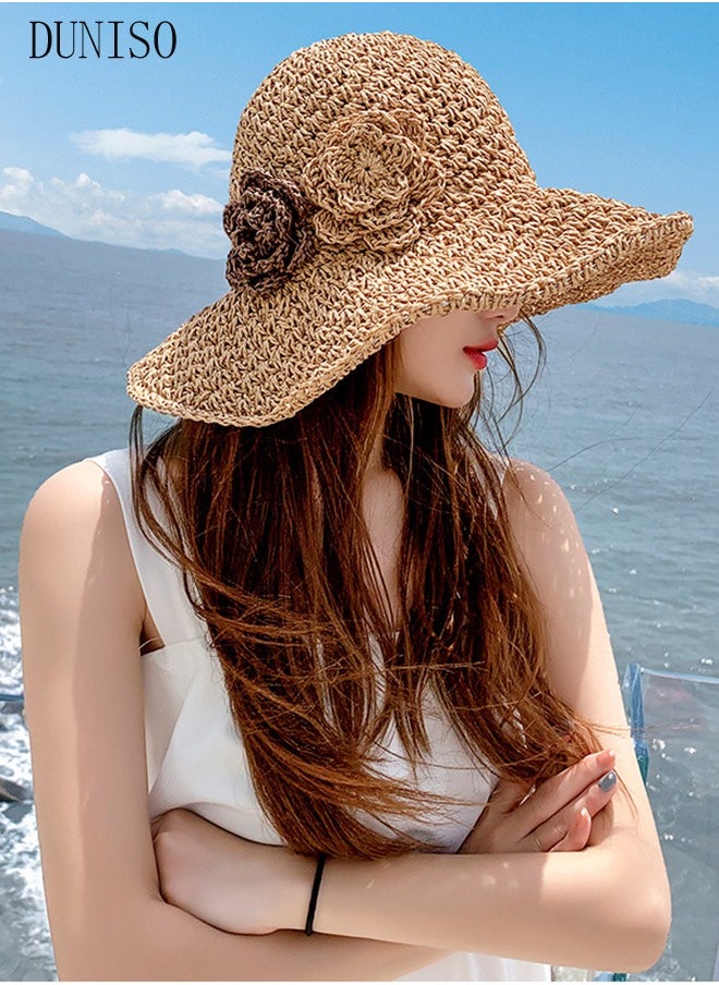 DUNISO - Women's Foldable Sun Straw Hat With Flowers Summer Wide Brim Roll Up Beach Cap Summer Solid Travel Beach Cap UV Protection UPF50+ for Vacation Outdoor Activities - Image 1