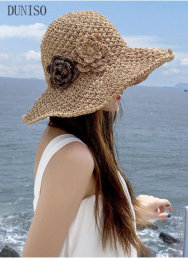 DUNISO - Women's Foldable Sun Straw Hat With Flowers Summer Wide Brim Roll Up Beach Cap Summer Solid Travel Beach Cap UV Protection UPF50+ for Vacation Outdoor Activities - Image 1