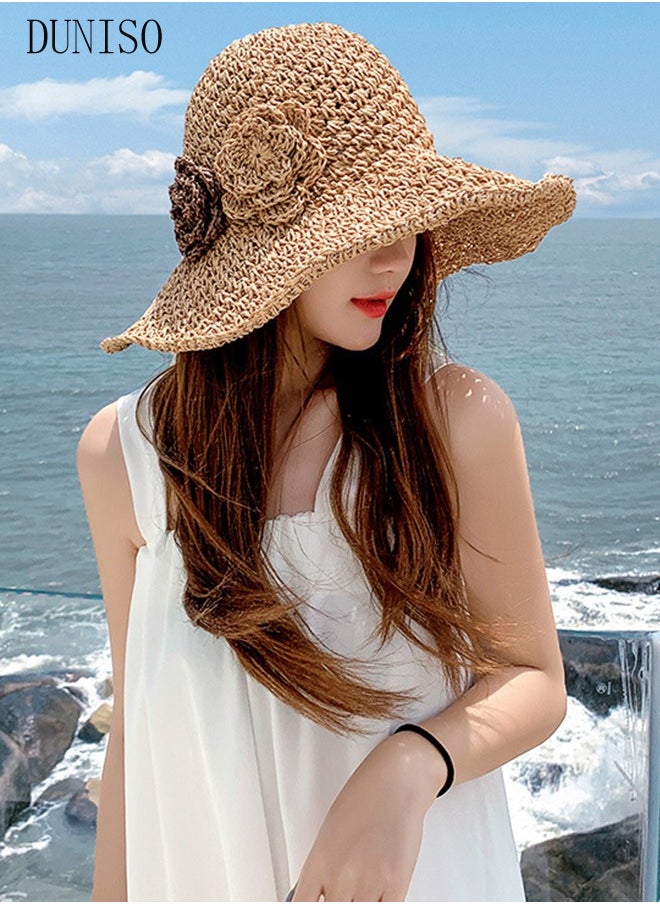DUNISO - Women's Foldable Sun Straw Hat With Flowers Summer Wide Brim Roll Up Beach Cap Summer Solid Travel Beach Cap UV Protection UPF50+ for Vacation Outdoor Activities - Image 1