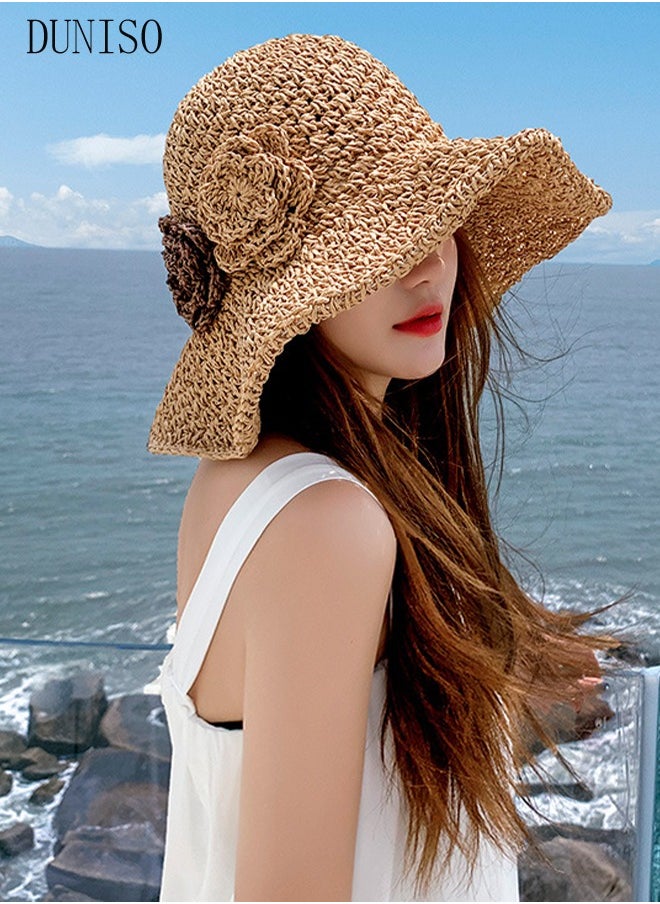 DUNISO - Women's Foldable Sun Straw Hat With Flowers Summer Wide Brim Roll Up Beach Cap Summer Solid Travel Beach Cap UV Protection UPF50+ for Vacation Outdoor Activities - Image 1