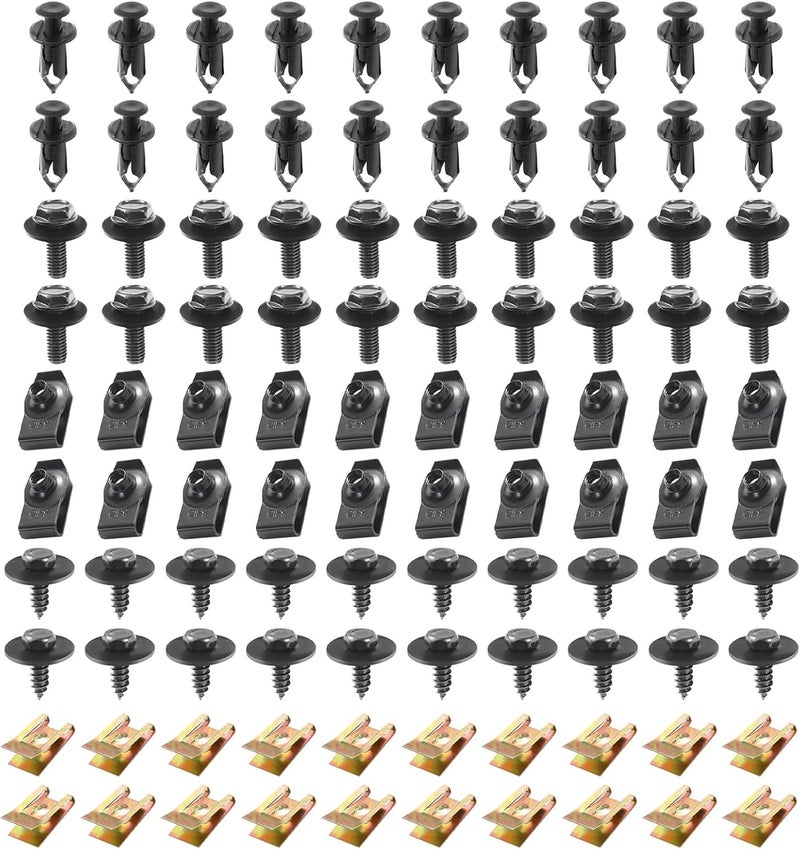 Downhill 100 PCS Car Body Fender Bumper Splash Guard Fixing Clip, U-Screws and Bolts Kit, Undertray Screws, Universal Engine Under Cover Splash Guard Protects Body Bolts (Black) Temp & permanent project compatible - Image 1