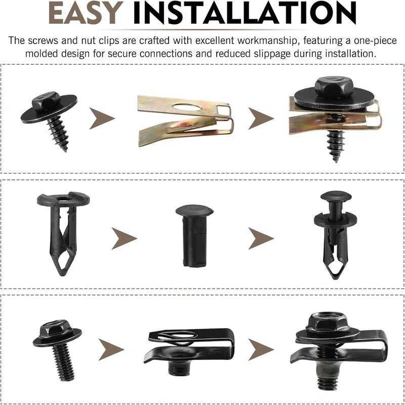 Downhill 100 PCS Car Body Fender Bumper Splash Guard Fixing Clip, U-Screws and Bolts Kit, Undertray Screws, Universal Engine Under Cover Splash Guard Protects Body Bolts (Black) Temp & permanent project compatible - Image 4