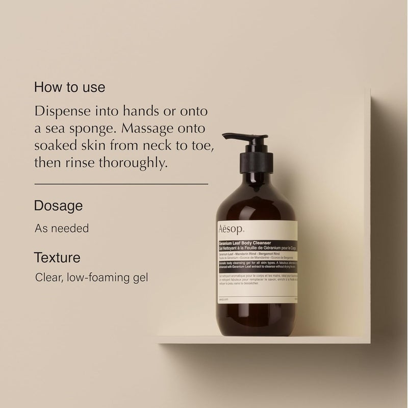 Aesop Geranium Leaf Body Cleanser For All Skin Types To Cleanse Without Drying Out Geranium Leaf Mandarin Rind Bergamot Rind 169 oz 500mL Eleos Nourishing Body Cleanser Sample - Image 2