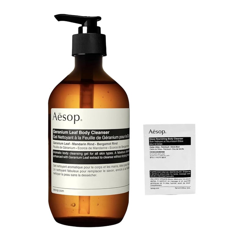 Aesop Geranium Leaf Body Cleanser For All Skin Types To Cleanse Without Drying Out Geranium Leaf Mandarin Rind Bergamot Rind 169 oz 500mL Eleos Nourishing Body Cleanser Sample - Image 1