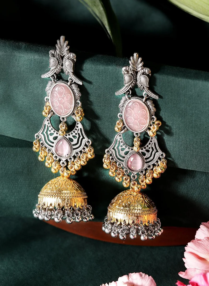 ISHIN Pink Colour Metallic Grey Plated Jhumka Earring