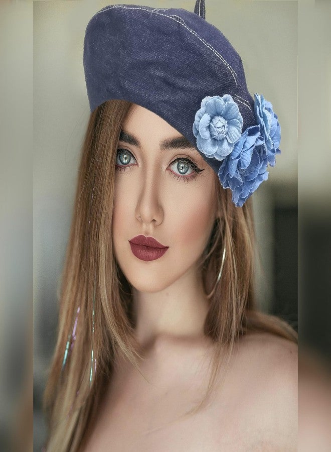 ZARSIO Denim Beret Hat for Women, French Artist Painter Beret Casual Sun Hat with Adjustable Strap (Dark Blue) - Image 3