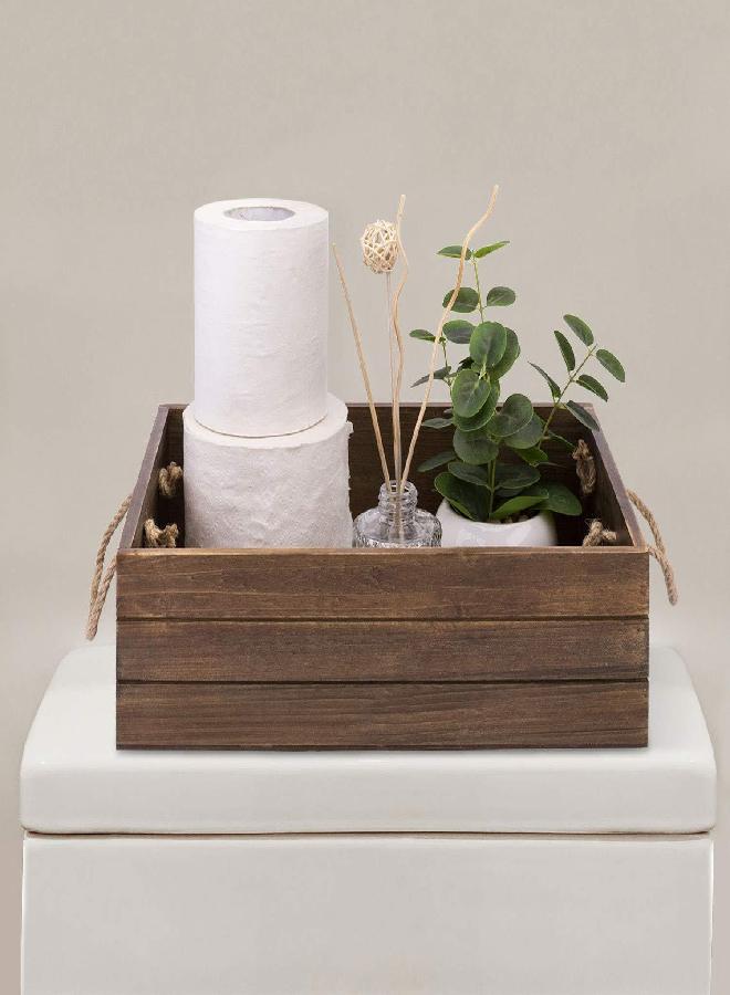 MyGift MyGift Rustic Brown Wooden Storage Bin with Rope Handles, Decorative Open Top Small Wood Box  - Image 3