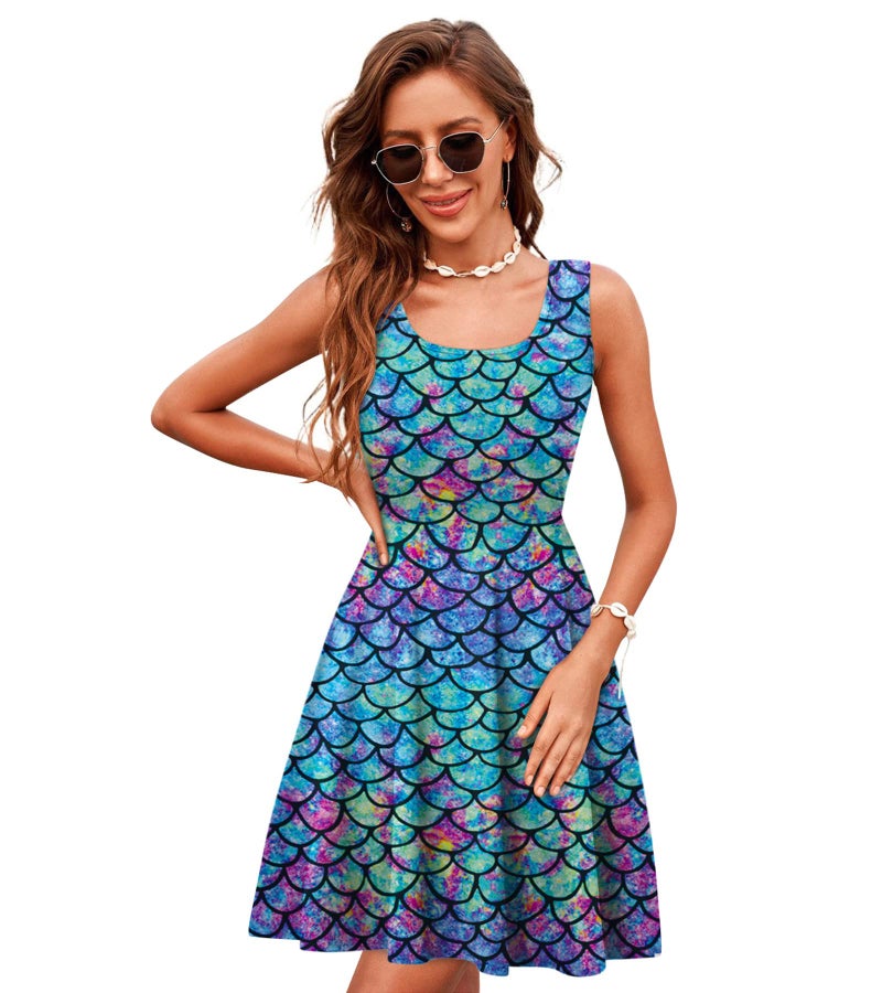 uideazone Women Ladies Mermaid Fish Scale Printed Sleeveless Tank Flare A-line Dresses Sundress for Casual Summer Party Beach - Image 1