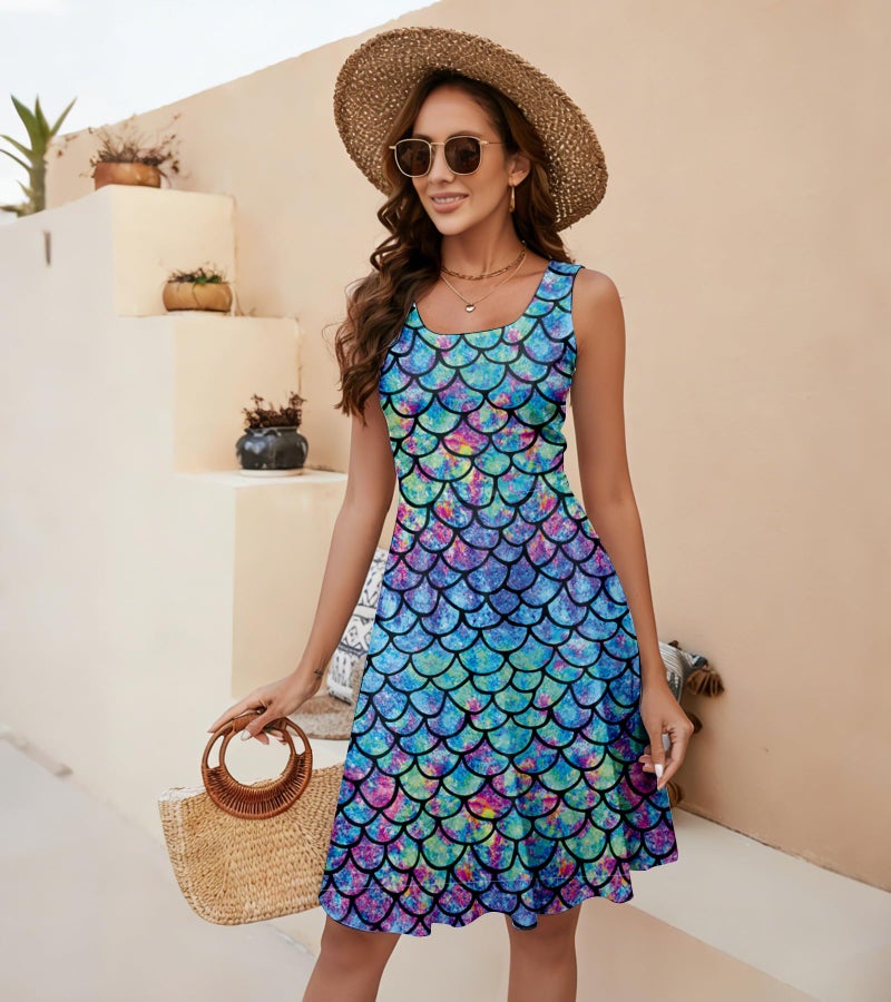 uideazone Women Ladies Mermaid Fish Scale Printed Sleeveless Tank Flare A-line Dresses Sundress for Casual Summer Party Beach - Image 4