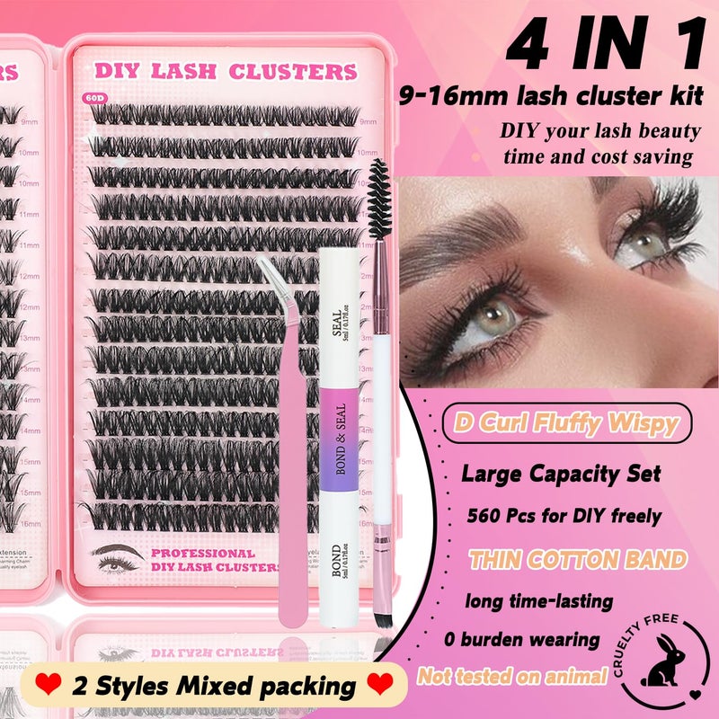 ISTGIFT Lash Clusters Kit, 560 Pcs Eyelashes Clusters Kit 9-16mm Individual Lash Extension Kit D Curl Fluffy Wispy False Eyelashes (50D+60D New, Lash Clusters Kit) - Image 2