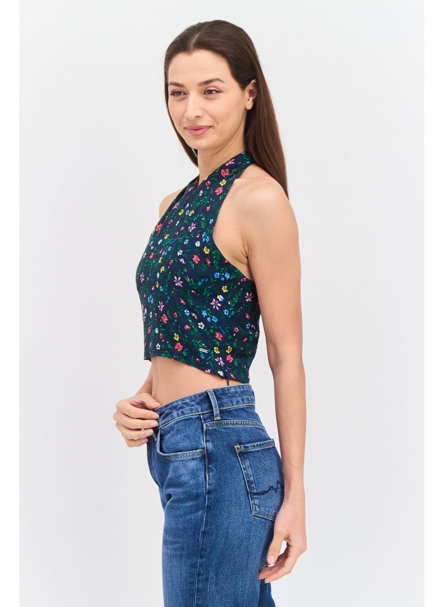 Pepe Jeans Women Halter Neck Sleeveless Floral Print Tank Top, Navy Combo  - Image 2
