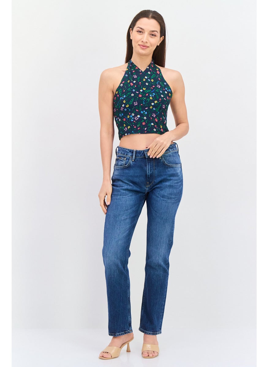 Pepe Jeans Women Halter Neck Sleeveless Floral Print Tank Top, Navy Combo  - Image 4
