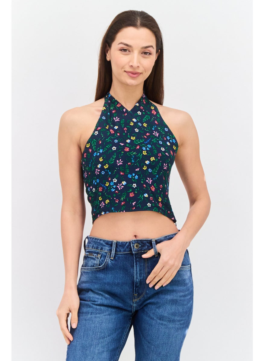 Pepe Jeans Women Halter Neck Sleeveless Floral Print Tank Top, Navy Combo  - Image 1