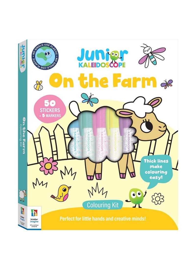 Hinkler Jr Kaleidoscope Colouring Kit – On the Farm Edition, Includes 64-page colouring book with 5 pastel markers and 50 fun stickers, Fun Colouring Activity for Kids, Perfect Gift for Farm-Themed Art Play - Image 1