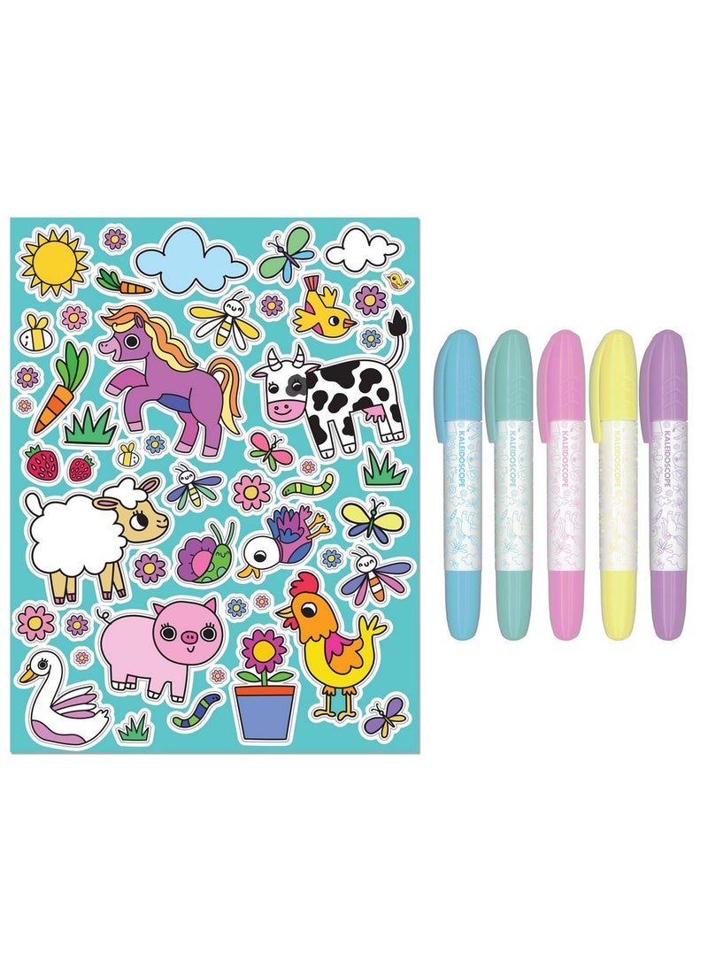 Hinkler Jr Kaleidoscope Colouring Kit – On the Farm Edition, Includes 64-page colouring book with 5 pastel markers and 50 fun stickers, Fun Colouring Activity for Kids, Perfect Gift for Farm-Themed Art Play - Image 2