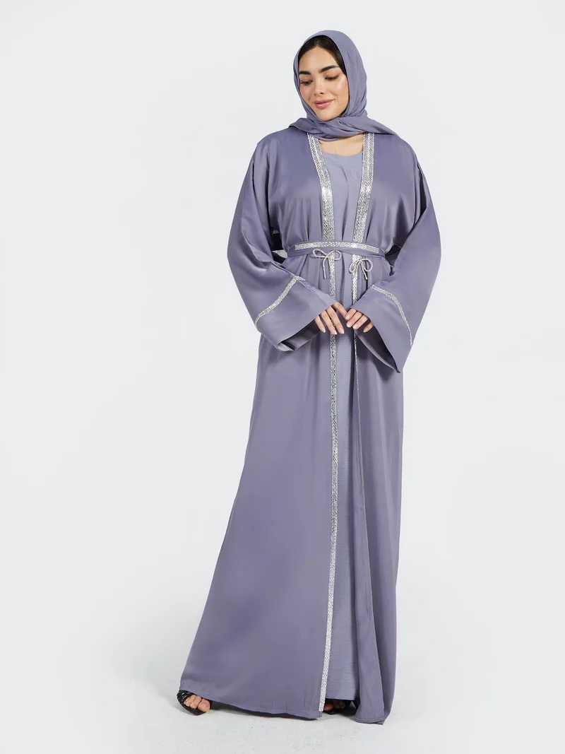 عباءات ريم Dusty Lilac Crystal-Trimmed Abaya Set