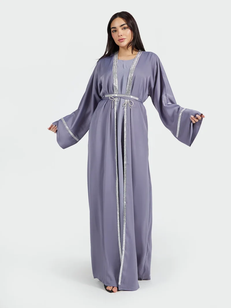عباءات ريم Dusty Lilac Crystal-Trimmed Abaya Set