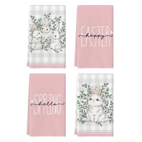 Artoid Mode Pink Bunny Rabbit Eucalyptus Easter Kitchen Towels Dish Towels 18x26 Inch Seasonal Spring Decoration Hand Towels Set of 4 - Image 1