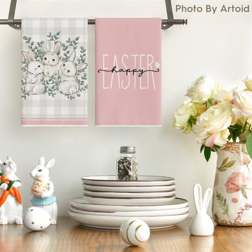 Artoid Mode Pink Bunny Rabbit Eucalyptus Easter Kitchen Towels Dish Towels 18x26 Inch Seasonal Spring Decoration Hand Towels Set of 4 - Image 3