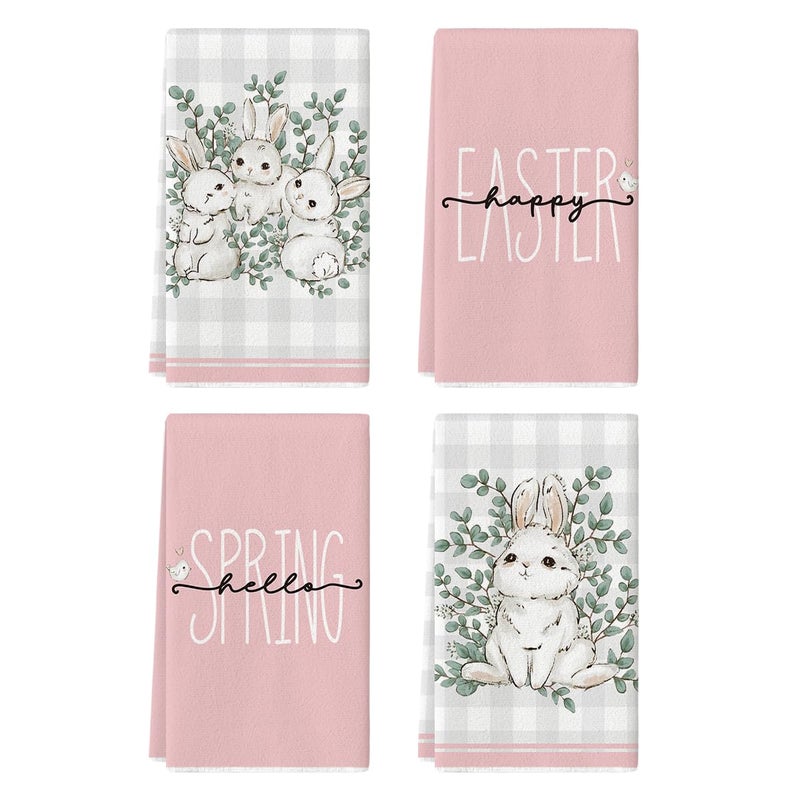 Artoid Mode Pink Bunny Rabbit Eucalyptus Easter Kitchen Towels Dish Towels 18x26 Inch Seasonal Spring Decoration Hand Towels Set of 4 - Image 2