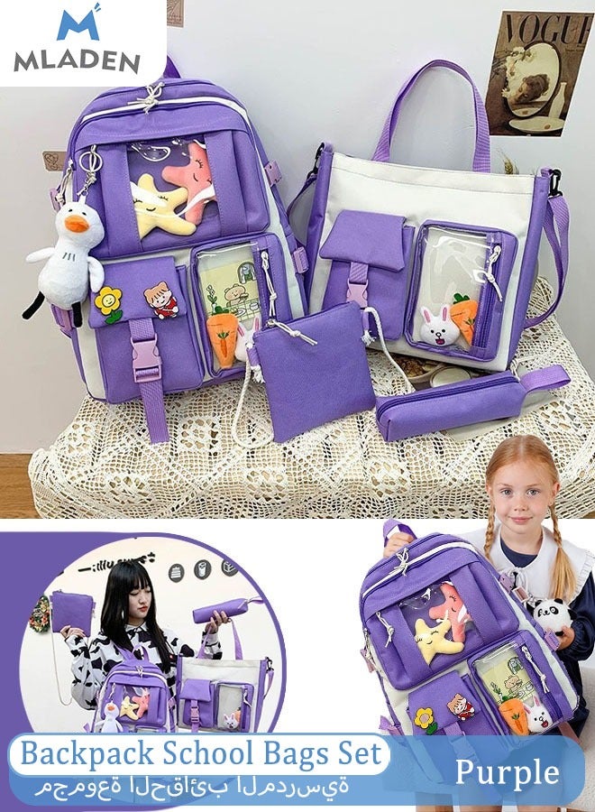 MLADEN 4Pcs Backpack School Bags Set Lightweight Large Capacity Backpacks Messenger Bag Pencil Bag Shoulder bag for Teen Girls School Backpack Purple - Image 1