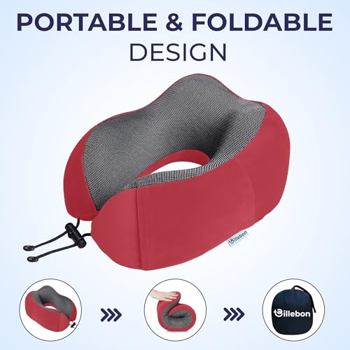 Billebon Neck Pillow for Travel – Comfortable Memory Foam Support, U-Shape Ergonomic Design, Portable for Flight Journeys, Lightweight Compact Build, Soft Washable Cover (Red with Eye Mask) - Image 4